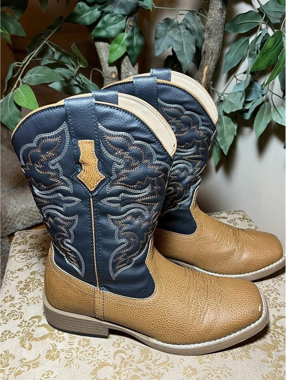 Roper Western Boots Mens Square Stitch Black/Brown Size 7.5